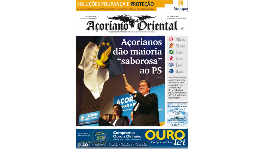 "Açorianos dão maioria 'saborosa' ao PS" é a manchete do Açoriano Oriental