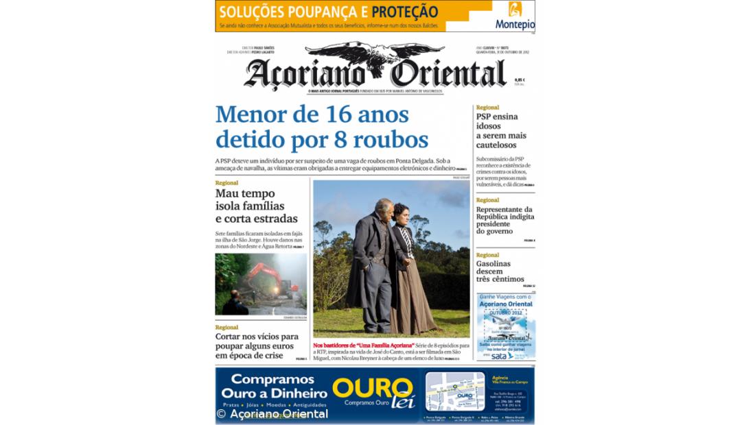 "Menor de 16 anos detido por 8 roubos" é a manchete do Açoriano Oriental