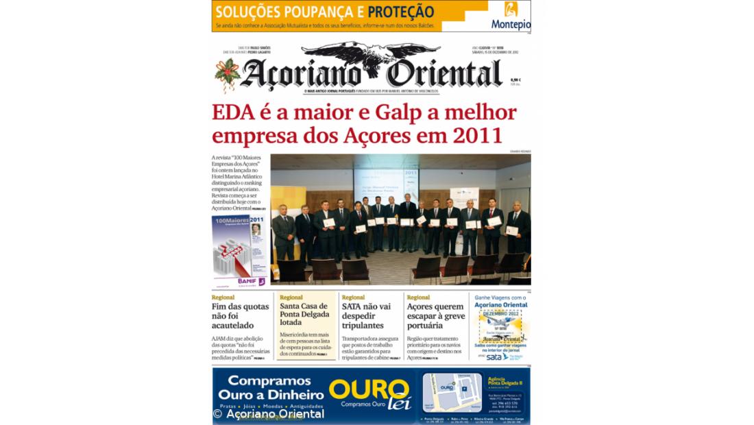 "EDA é a maior e Galp a melhor empresa dos Açores em 2011" é a manchete do Açoriano Oriental