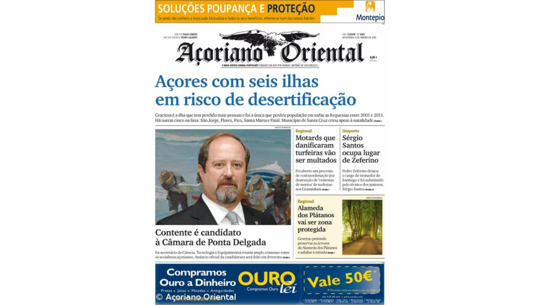 "Açores com seis ilhas em risco de desertificação" é a manchete do Açoriano Oriental