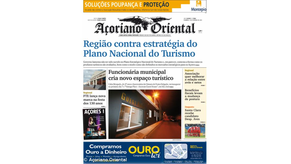 "Região contra estratégia do Plano Nacional do Turismo" é a manchete do Açoriano Oriental