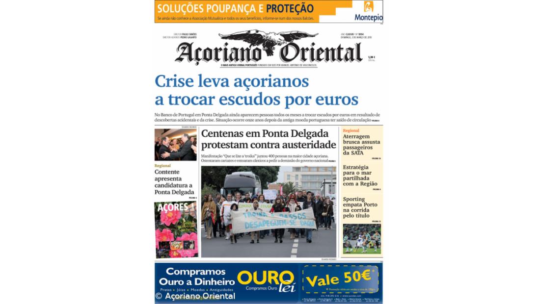 "Crise leva açorianos a trocar escudos por euros" é a manchete do Açoriano Oriental