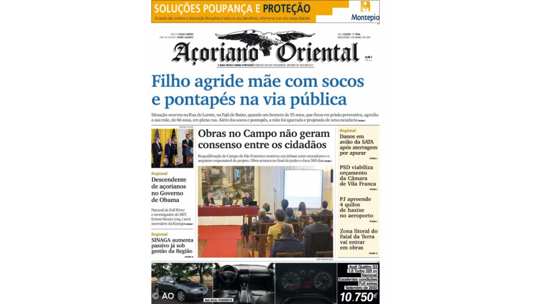 "Filho agride mãe com socos e pontapés na via pública" é a manchete do Açoriano Oriental