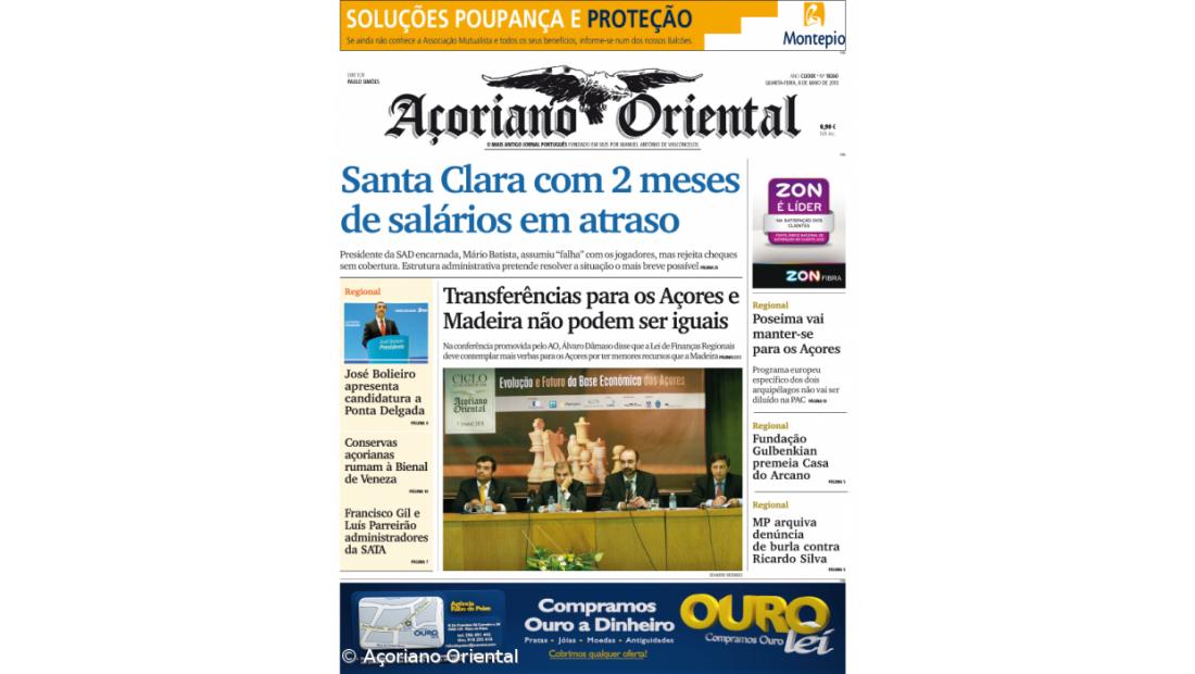 "Santa Clara com 2 meses de salários em atraso" é a manchete do Açoriano Oriental