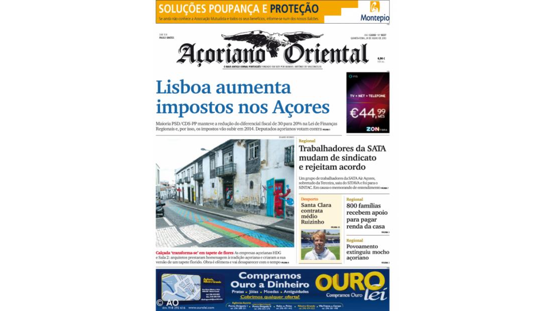 "Lisboa aumenta impostos nos Açores" é a manchete do Açoriano Oriental