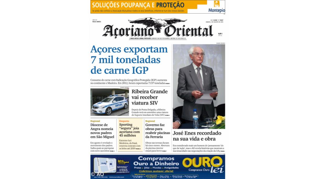 "Açores exportam 7 mil toneladas de carne IGP" é a manchete do Açoriano Oriental