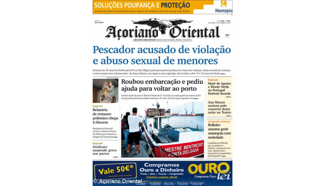 "Pescador acusado de violação e abuso sexual de menores" é a manchete do Açoriano Oriental