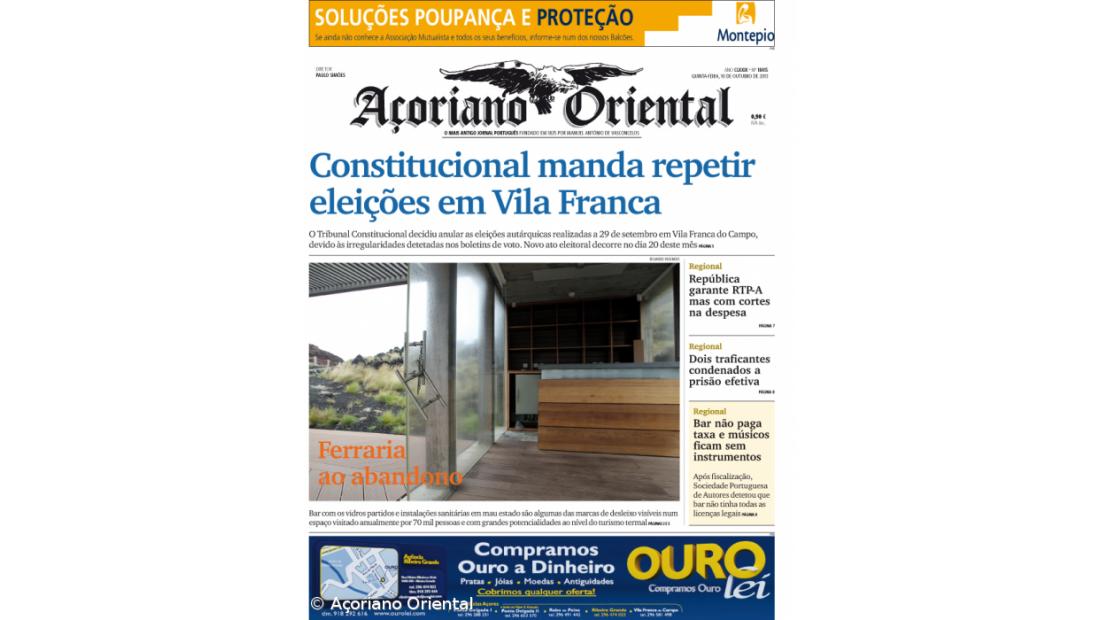 "Constitucional manda repetir eleições em Vila Franca" é a manchete do Açoriano Oriental