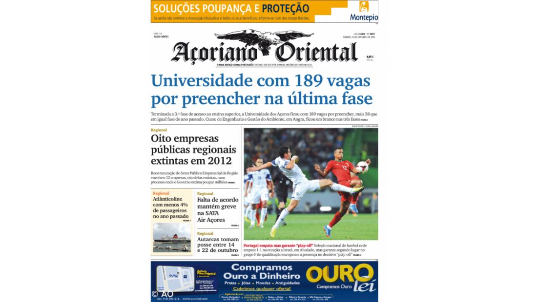 "Universidade com 189 vagas por preencher na última fase" é a manchete do Açoriano Oriental