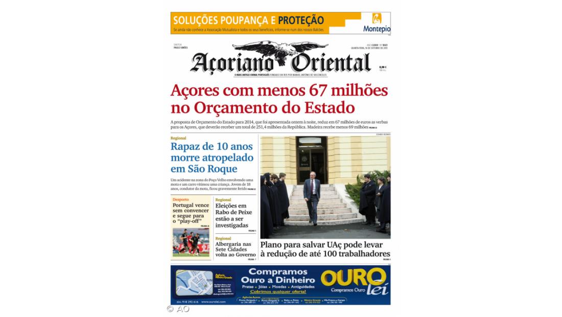 "Açores com menos 67 milhões no Orçamento do Estado" é a manchete do Açoriano Oriental