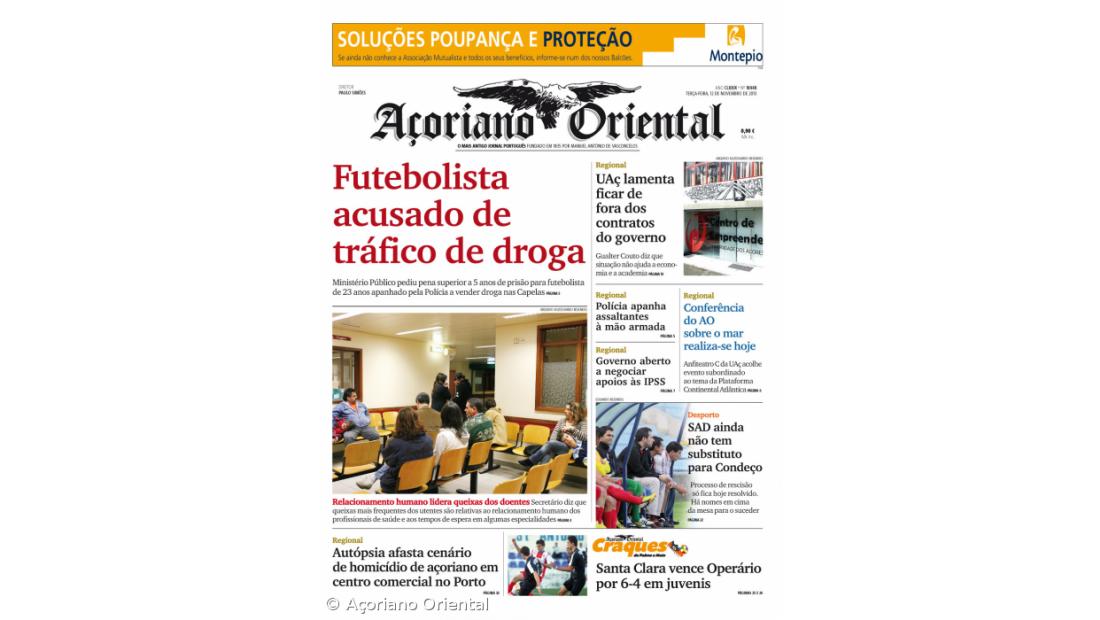 "Futebolista acusado de tráfico de droga" é a manchete do Açoriano Oriental