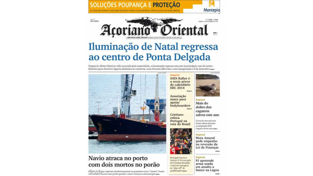 "Iluminação de Natal regressa ao centro de Ponta Delgada" é a manchete do Açoriano Oriental