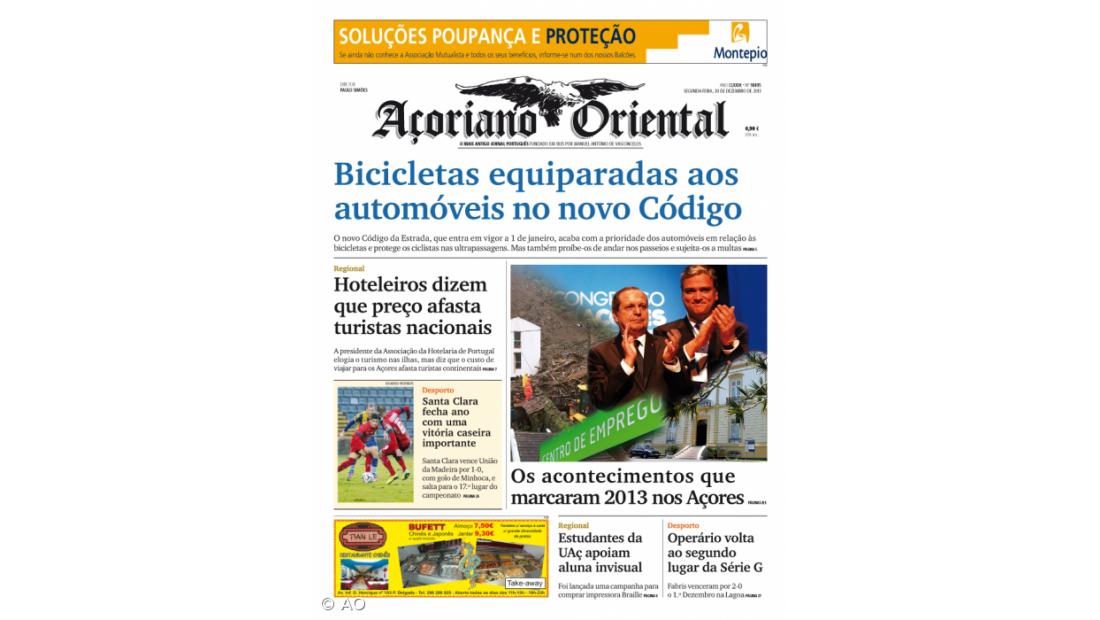 "Bicicletas equiparadas aos automóveis no novo Código" é a manchete do Açoriano Oriental