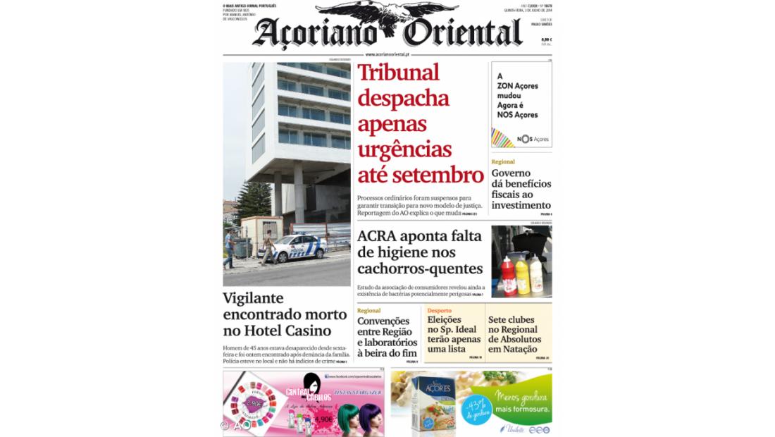 "Tribunal despacha apenas urgências até setembro" é a manchete do Açoriano Oriental