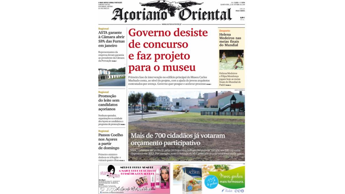 "Governo desiste de concurso e faz projeto para o museu" é a manchete do Açoriano Oriental