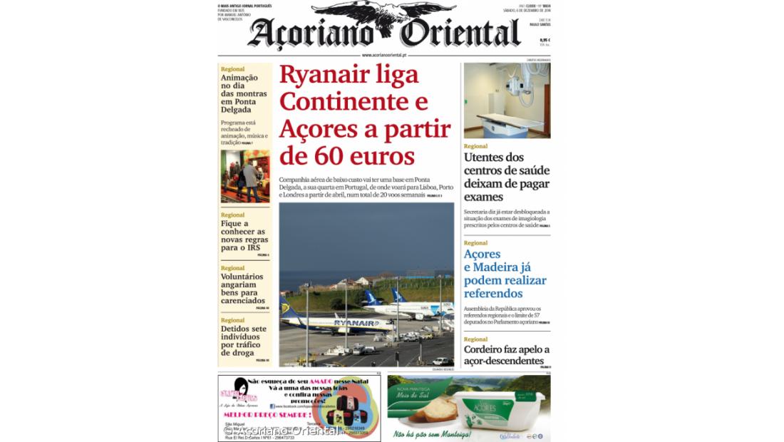 "Ryanair liga Continente e Açores a partir de 60 euros" é a manchete do Açoriano Oriental