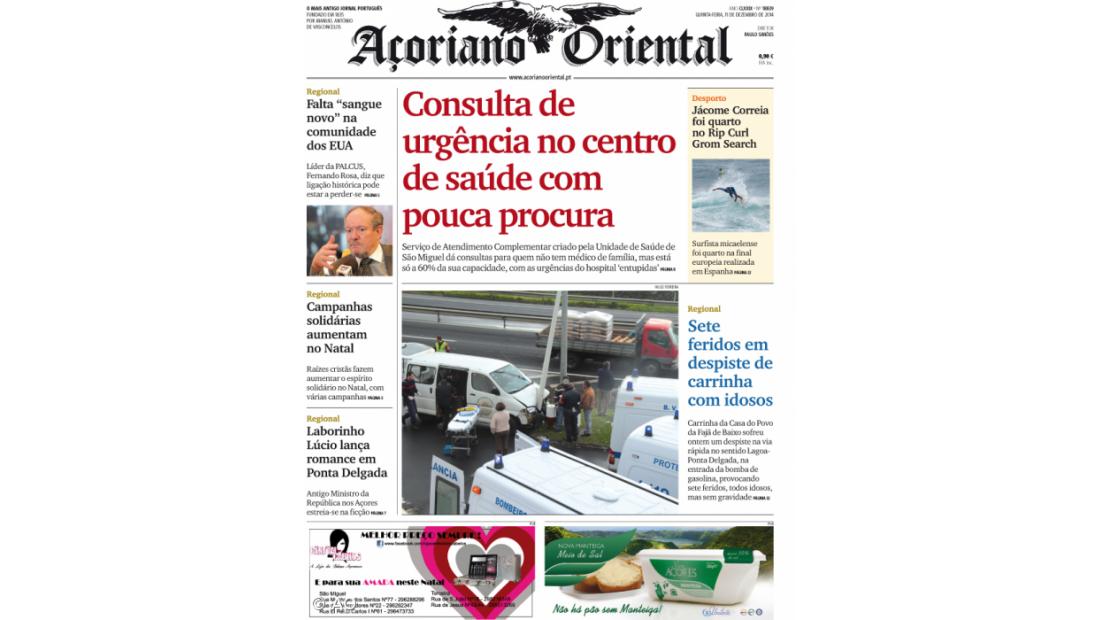 "Consulta de urgência no centro de saúde com pouca procura" é a manchete do Açoriano Oriental 