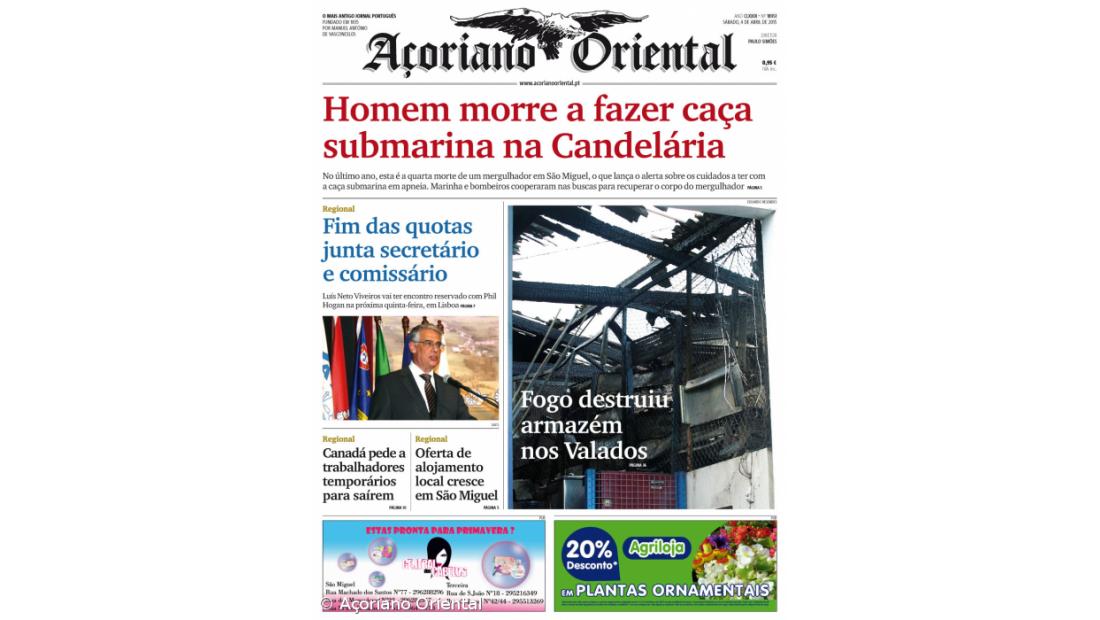 "Homem morre a fazer caça submarina na Candelária" é a manchete do Açoriano Oriental
