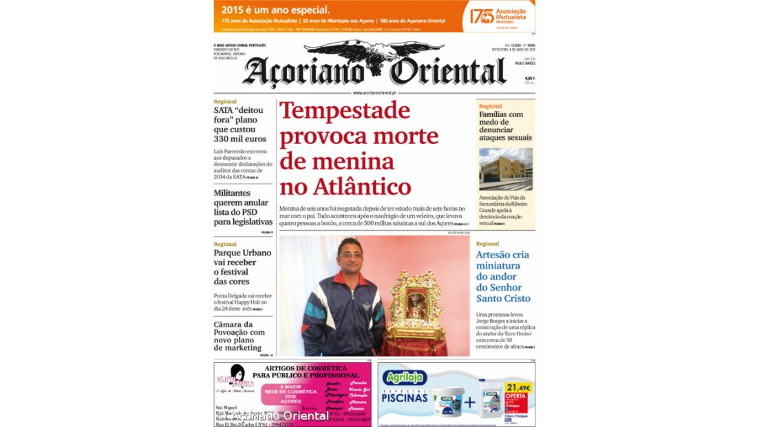 "Tempestade provoca morte de menina no Atlântico" é a manchete do Açoriano Oriental