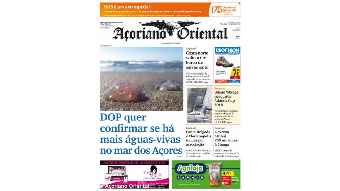 "DOP quer confirmar se há mais águas-vivas no mar dos Açores" é a manchete do Açoriano Oriental