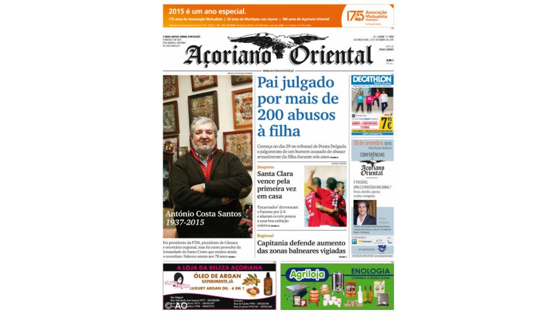 "Pai julgado por mais de 200 abusos à filha" é a manchete do Açoriano Oriental