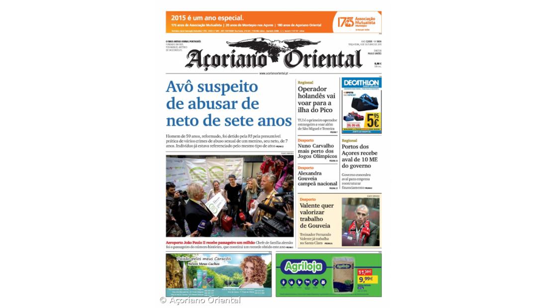 "Avô suspeito de abusar de neto de sete anos" é a manchete do Açoriano Oriental