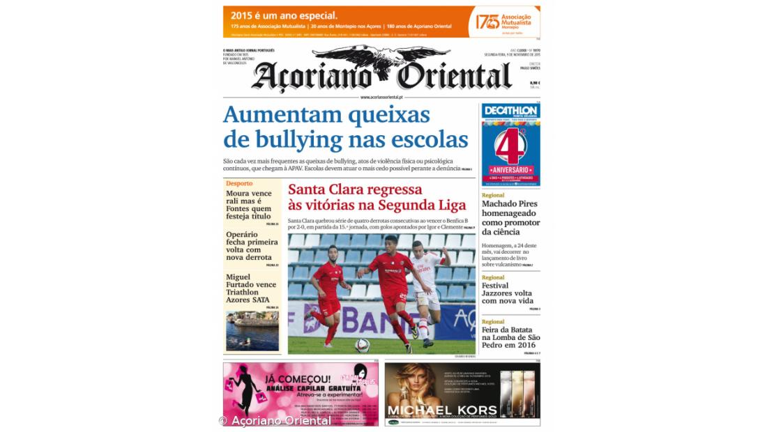 "Aumentam queixas de bullying nas escolas" é a manchete do Açoriano Oriental