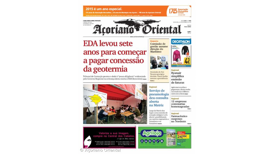 "EDA levou sete anos para começar a pagar concessão da geotermia" é a manchete do Açoriano Oriental