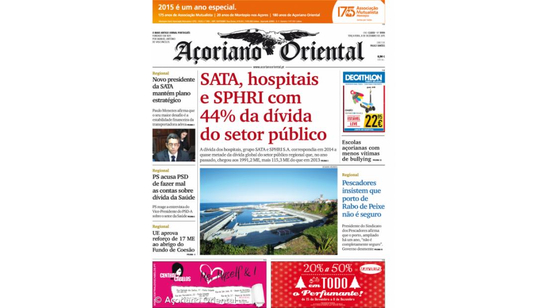 "SATA, hospitais e SPHRI com 44% da dívida do setor público" é a manchete do Açoriano Oriental