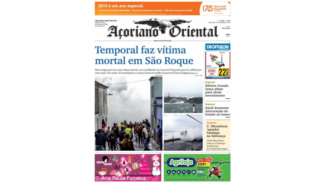 Temporal faz vítima mortal em São Roque é a manchete do Açoriano Oriental