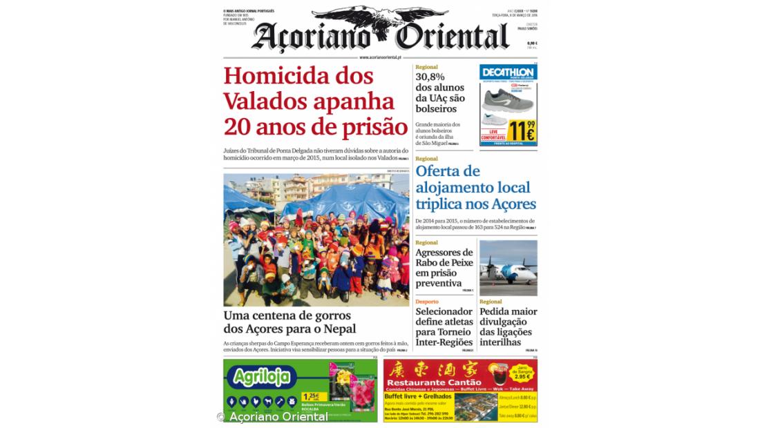 "Homicida dos Valados apanha 20 anos de prisão" é a manchete do Açoriano Oriental