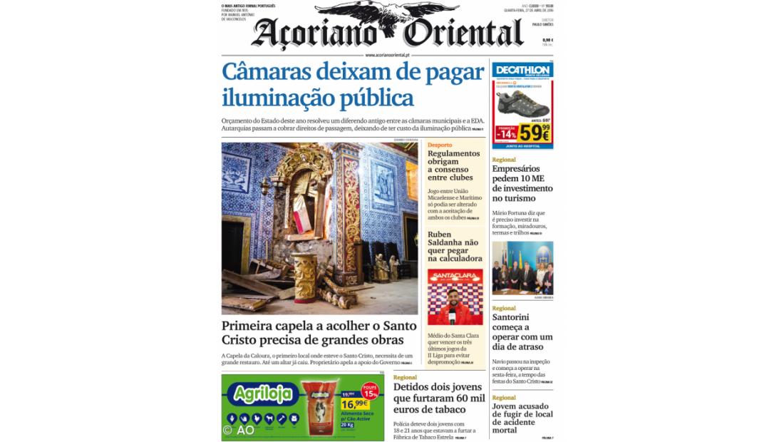 "Câmaras deixam de pagar iluminação pública" é a manchete do Açoriano Oriental