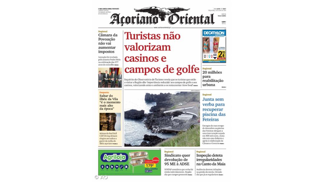 "Turistas não valorizam casinos e campos de golfe" é a manchete do Açoriano Oriental