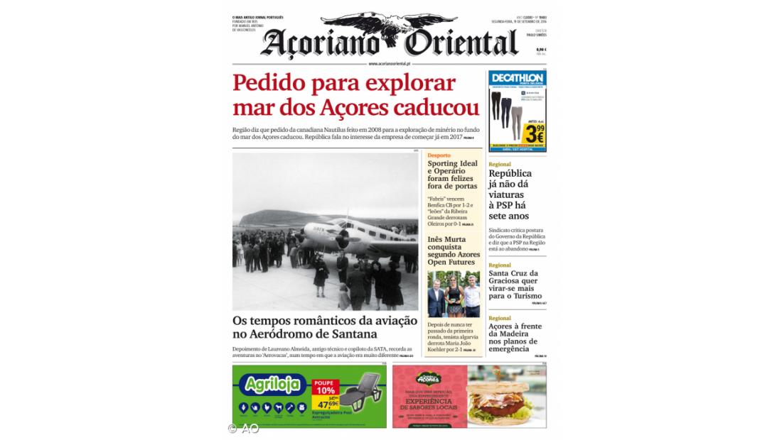 "Pedido para explorar mar dos Açores caducou" é a manchete do Açoriano Oriental