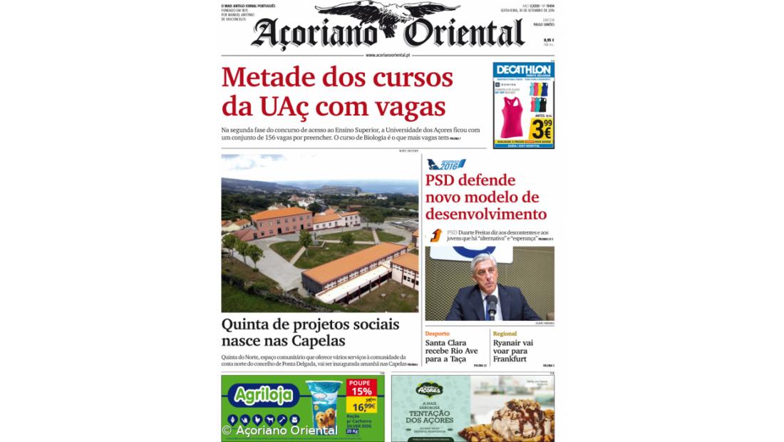 "Metade dos cursos da UAç com vagas" é a manchete do Açoriano Oriental
