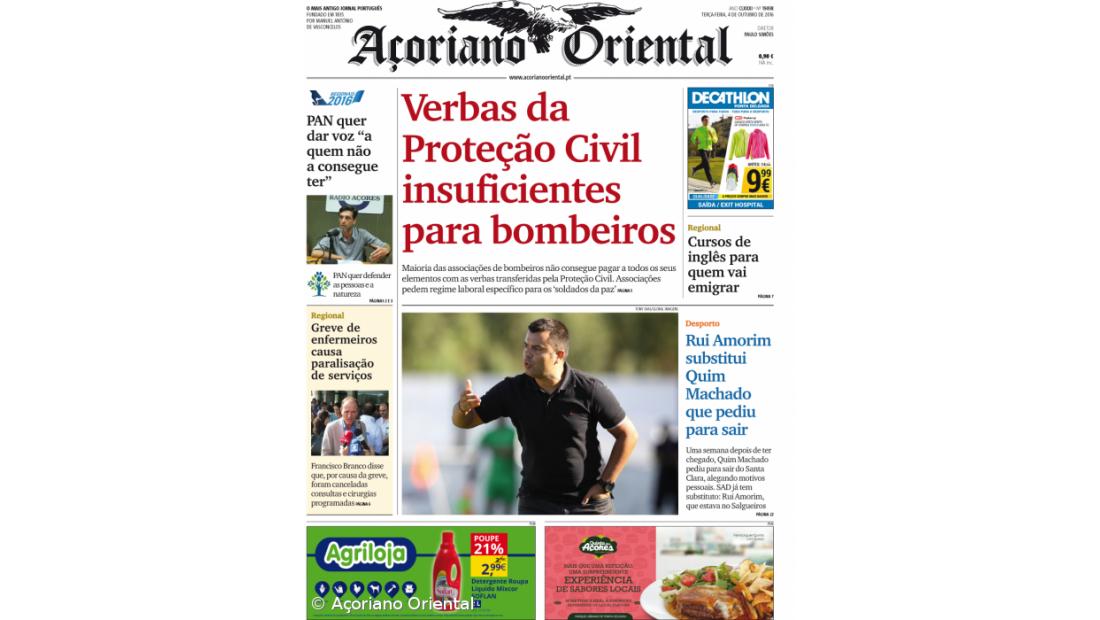 "Verbas da Proteção Civil insuficientes para bombeiros" é a manchete do Açoriano Oriental