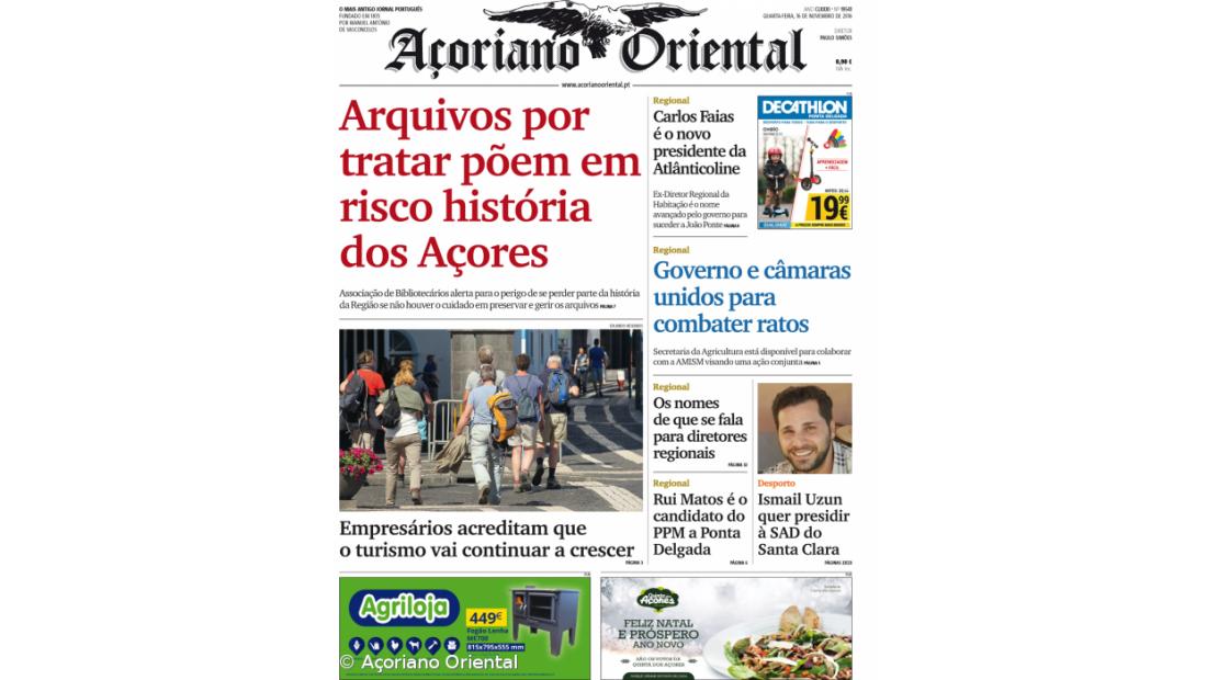"Arquivos por tratar põem em risco história dos Açores" é a manchete do Açoriano Oriental