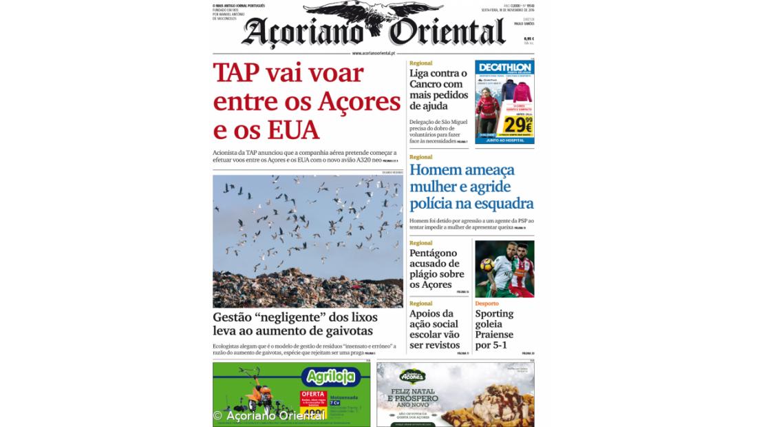 "TAP vai voar entre os Açores e os EUA" é a manchete do Açoriano Oriental 
