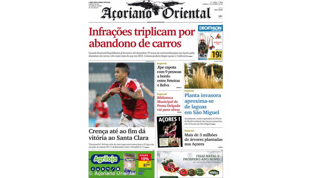 "Infrações triplicam por abandono de carros" é a manchete do Açoriano Oriental