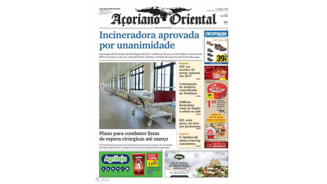 "Incineradora aprovada por unanimidade" é a manchete do Açoriano Oriental