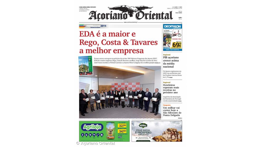 "EDA é a maior e Rego, Costa & Tavares a melhor empresa" é a manchete do Açoriano Oriental