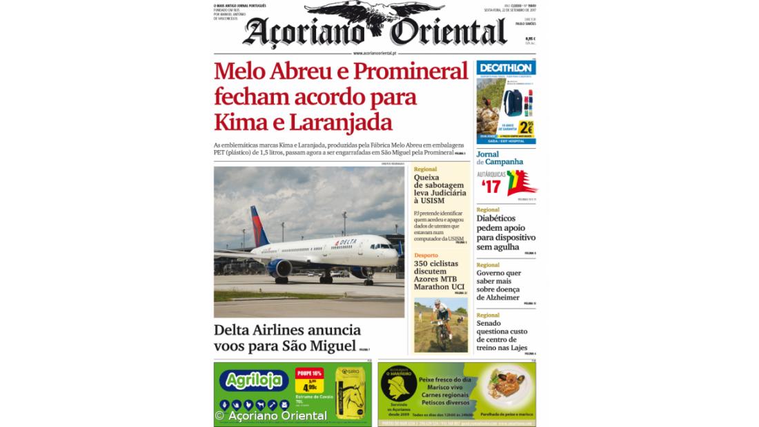 "Melo Abreu e Promineral fecham acordo para Kima e Laranjada" é a manchete do Açoriano Oriental