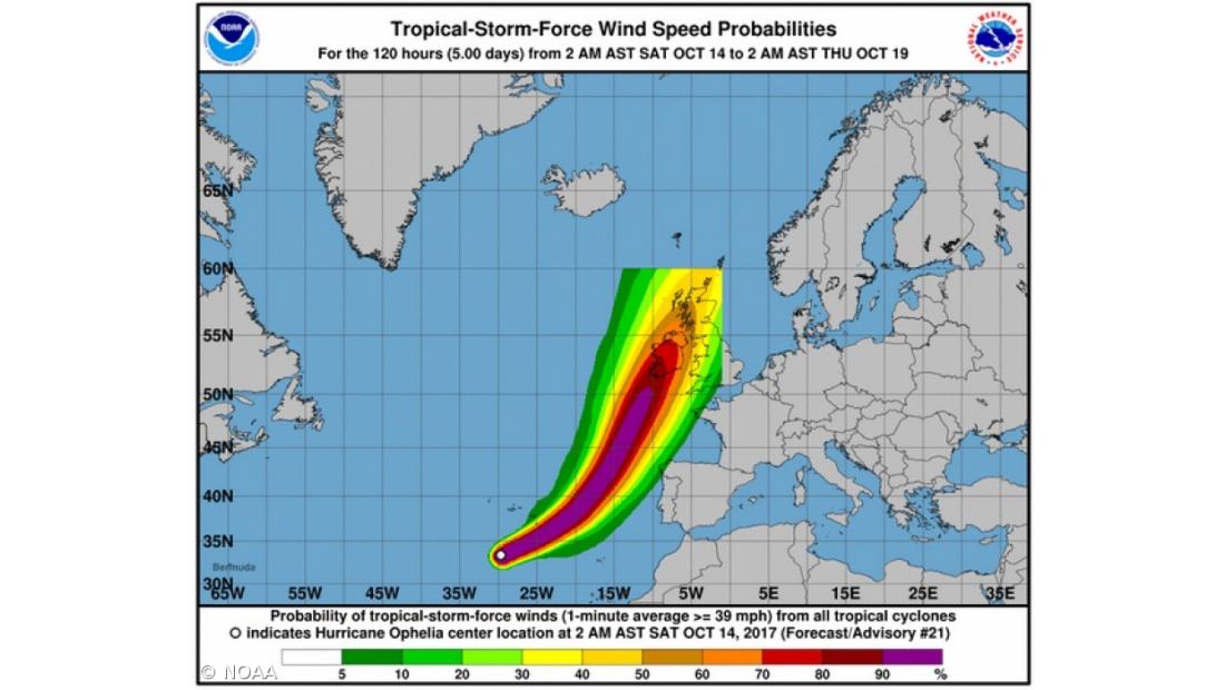 Rajadas de vento até 130 quilómetros/hora em Santa Maria devido ao furacão Ophelia