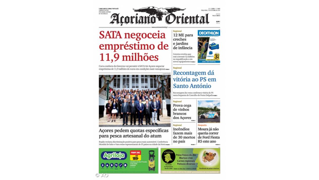 "SATA negoceia empréstimo de 11,9 milhões" é a manchete do Açoriano Oriental