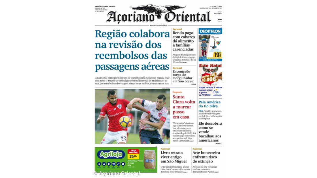 "Região colabora na revisão dos reembolsos das passagens aéreas" é a manchete do Açoriano Oriental
