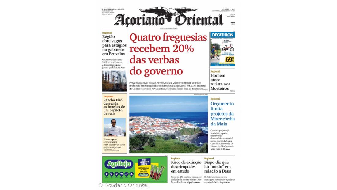 "Quatro freguesias recebem 20% das verbas do governo" é a manchete do Açoriano Oriental
