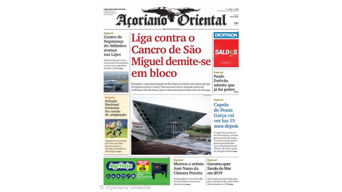 "Liga contra o Cancro de São Miguel demite-se em bloco" é a manchete do Açoriano Oriental