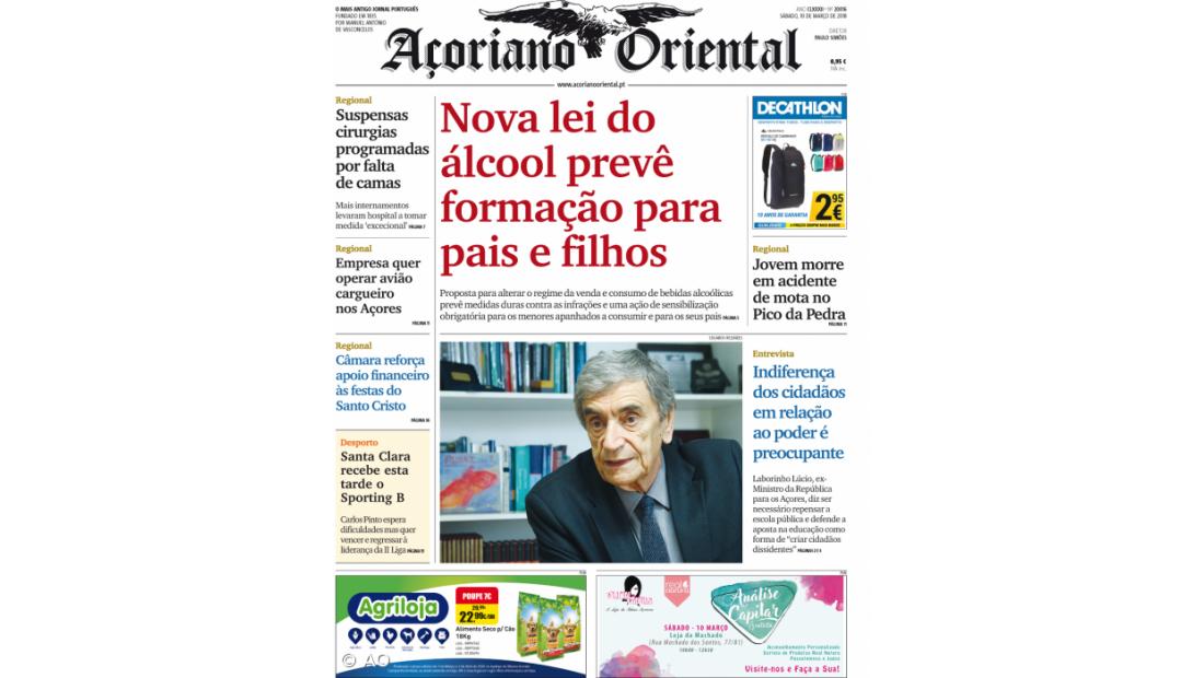 "Nova lei do álcool prevê formação para pais e filhos" é a manchete do Açoriano Oriental