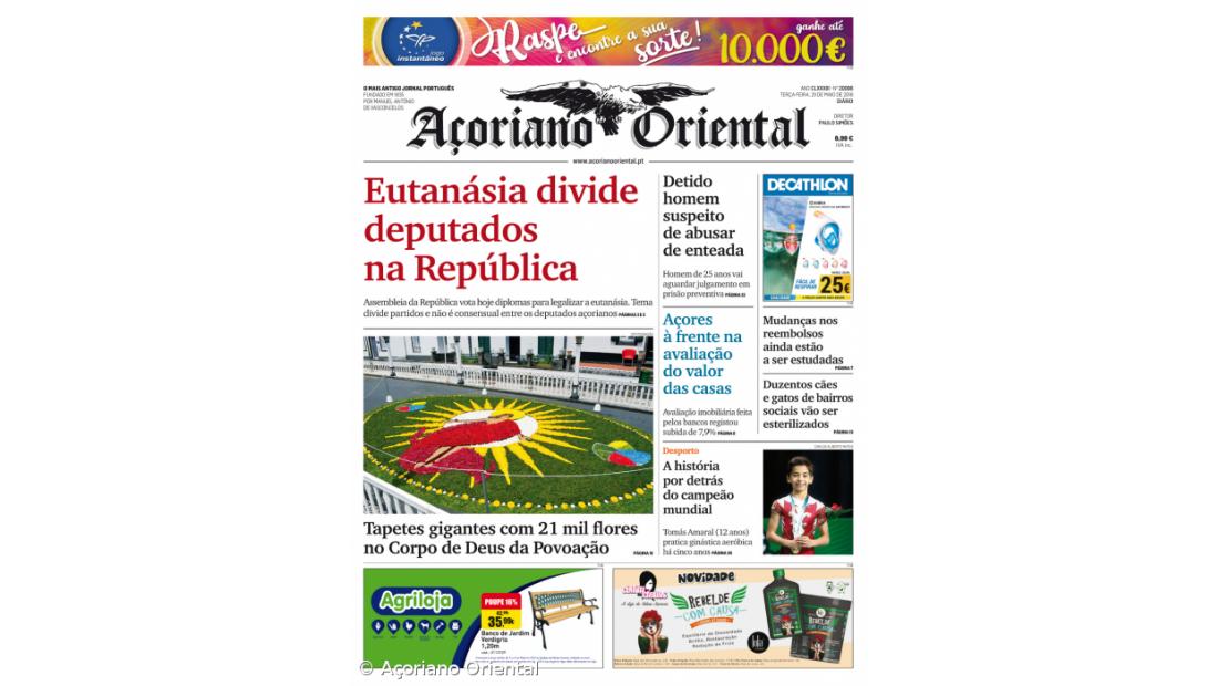 "Eutanásia divide deputados na República" é a manchete do Açoriano Oriental