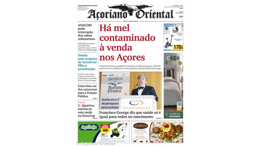 "Há mel contaminado à venda nos Açores" é a manchete do Açoriano Oriental